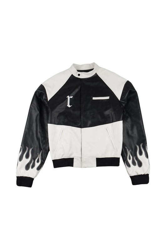 VESTE SIMILICUIR FLAMME NOIR/BLANCHE